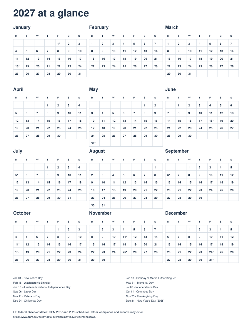Actual printable preview of 2027 Calendar