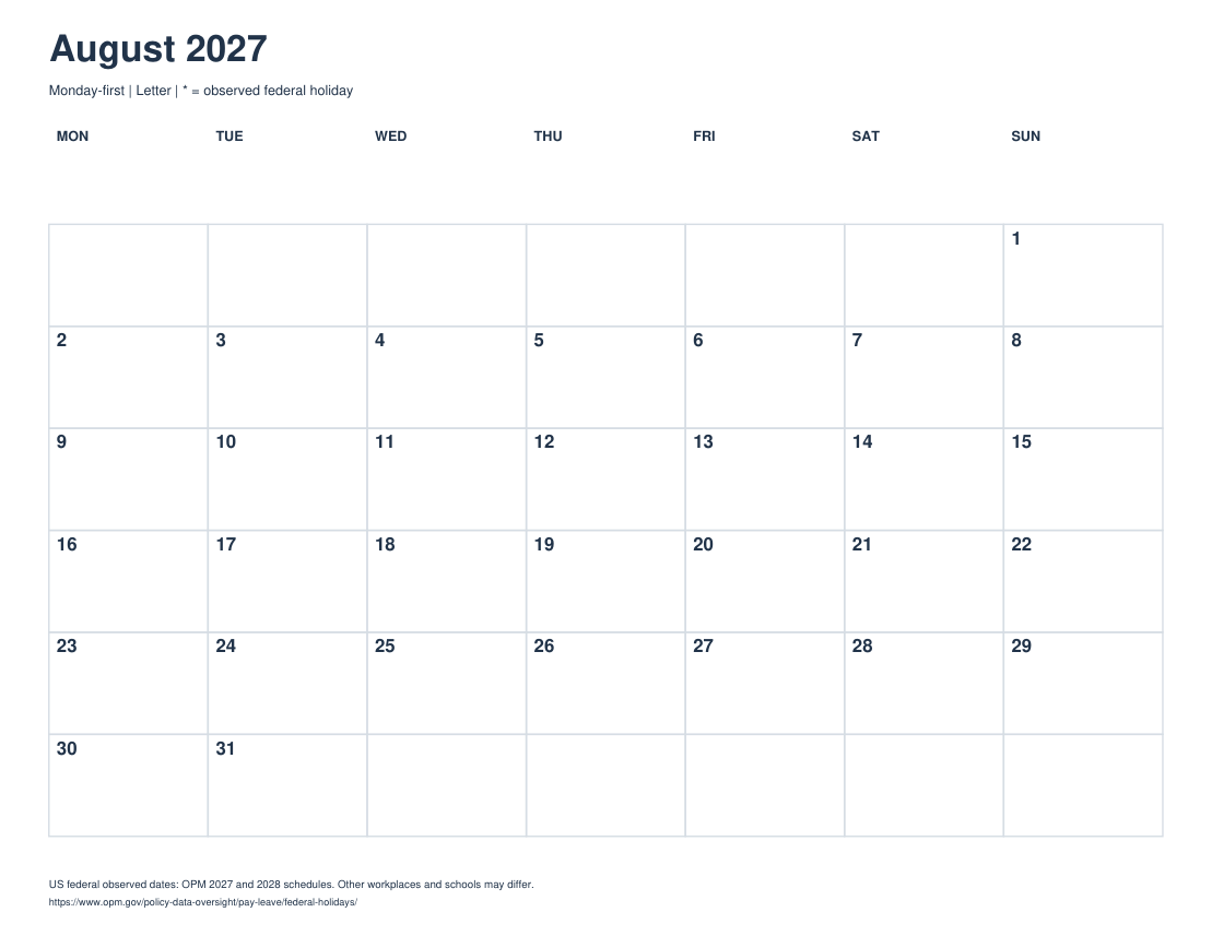Actual printable preview of August 2027 Calendar