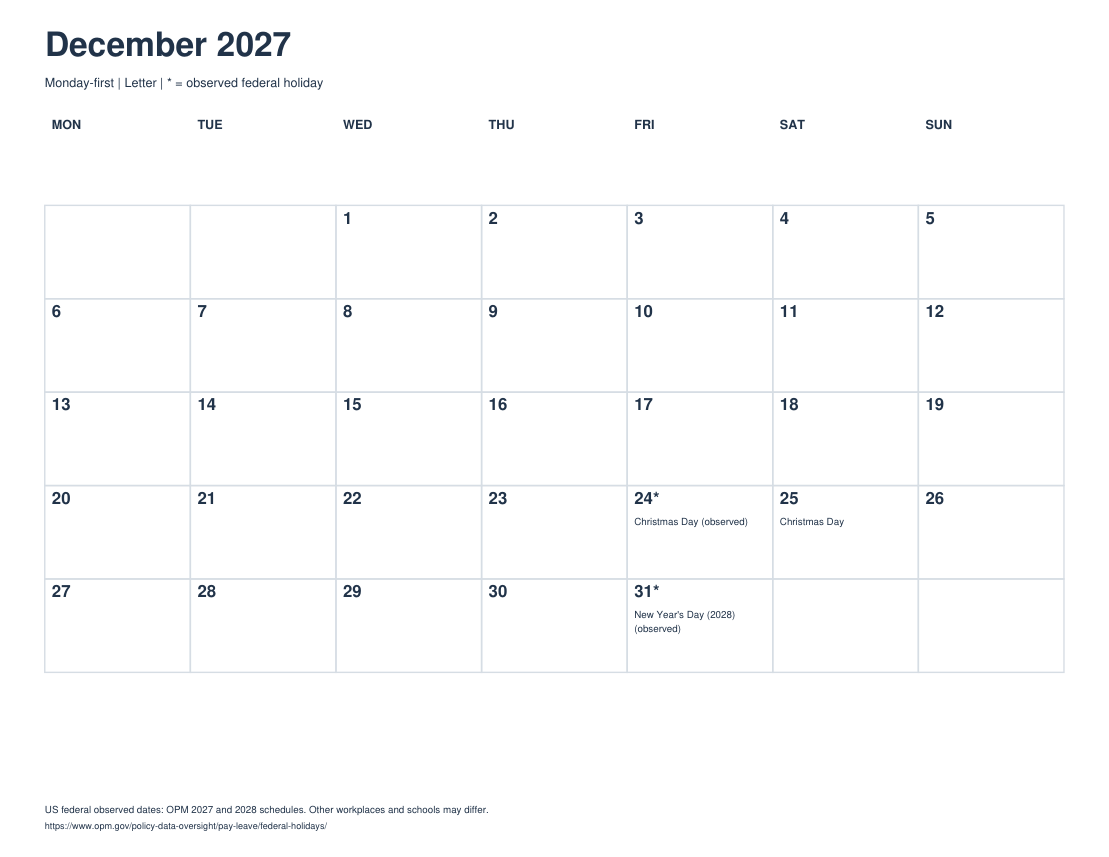 Actual printable preview of December 2027 Calendar