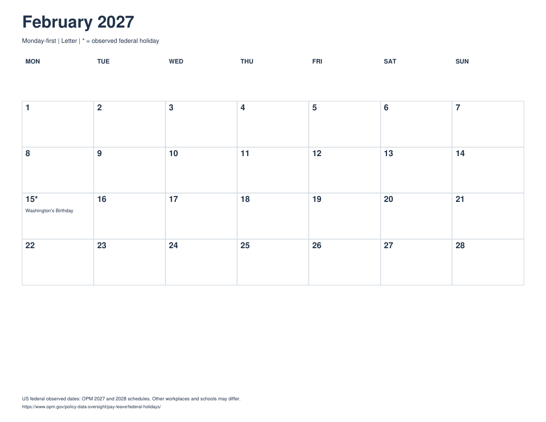 Actual printable preview of February 2027 Calendar