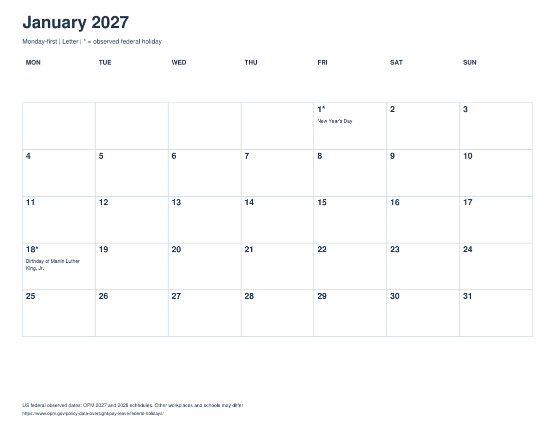 Actual printable preview of January 2027 Calendar