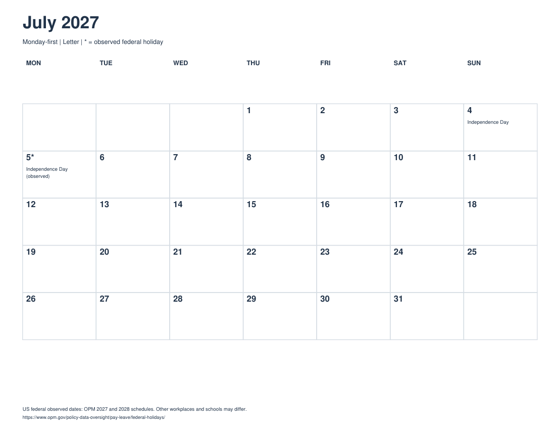 Actual printable preview of July 2027 Calendar
