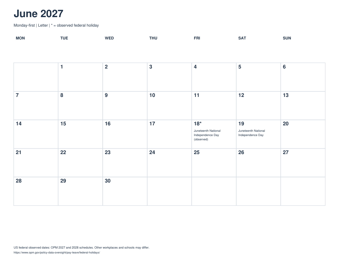 Actual printable preview of June 2027 Calendar