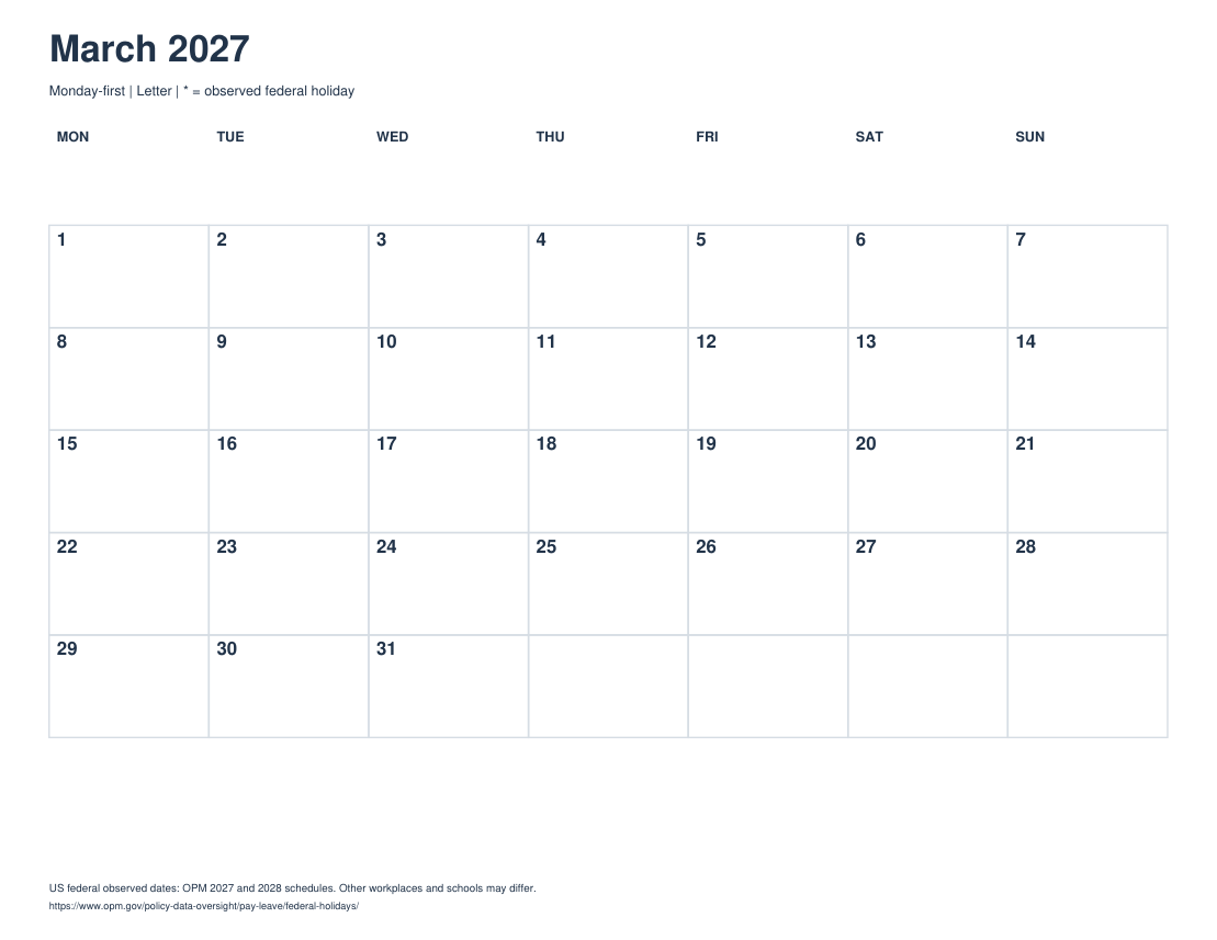 Actual printable preview of March 2027 Calendar