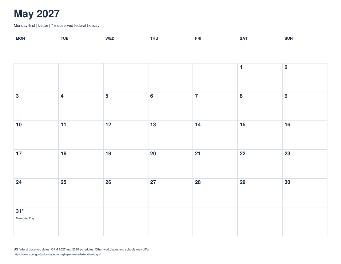 Actual printable preview of May 2027 Calendar