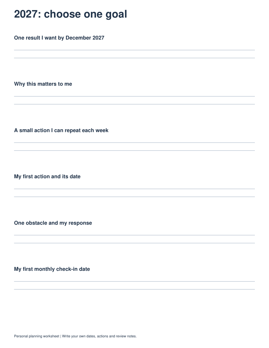Actual printable preview of New Year Goals Template for 2027