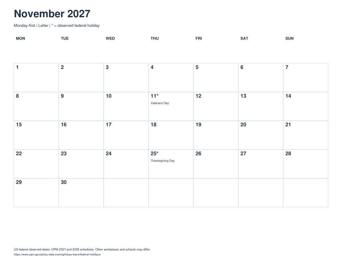 Actual printable preview of November 2027 Calendar