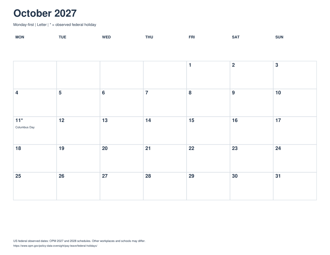 Actual printable preview of October 2027 Calendar