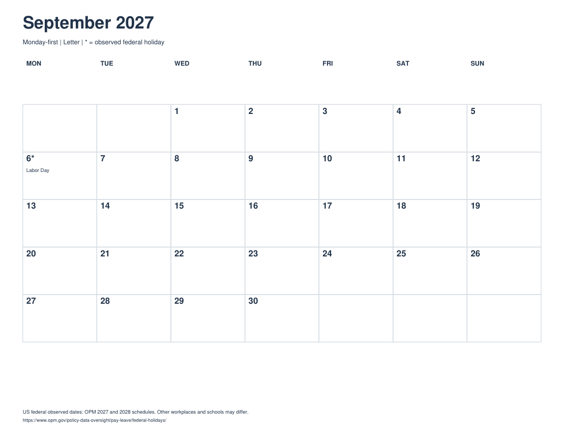 Actual printable preview of September 2027 Calendar