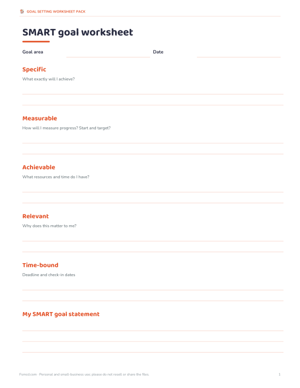 Preview of Printable SMART Goal Worksheet