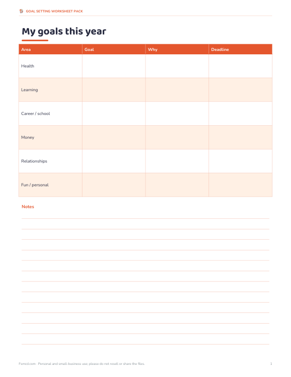Preview of Printable Yearly Goals Worksheet